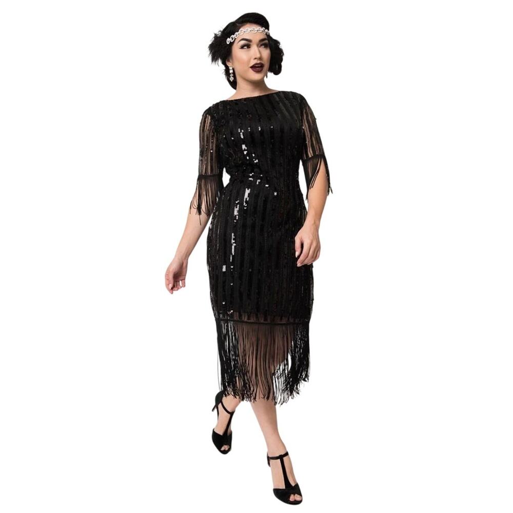 Unique Vintage MARCY 1920s Black Sequin Fringe Sleeve Flapper Dress L 10-12 NWT